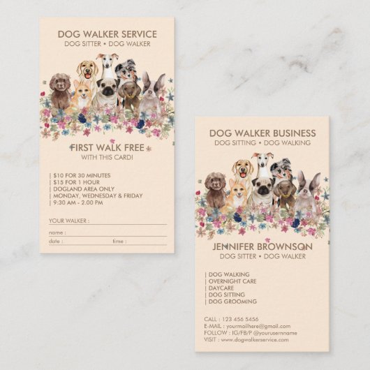 Beige Dog Walker Service Kostenloser Name des Gesc Visitenkarte (Vorne/Hinten)