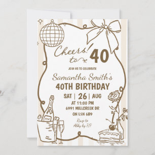 Beige Doodle handgeschriebene Champagner Prost Geb Einladung