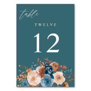 Beige & Dustblaues Blumen-Tischschild V2 - Türkis Tischnummer
