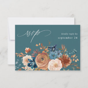 Beige & Dusty Blue Floral w Meal UAWG - Aquamarin RSVP Karte