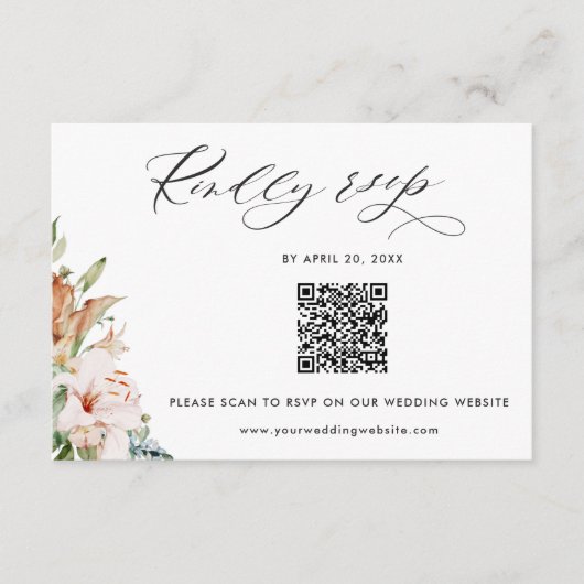Beige Earthy Blooms QR Code UAwg Online-Hochzeit Begleitkarte (Vorderseite)