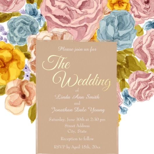 Beige einfache Hochzeit Folieneinladung