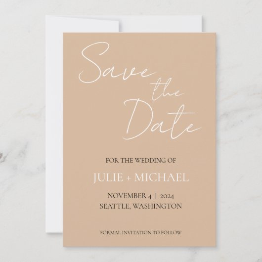 Beige einfache Hochzeit Save The Date (Vorderseite)