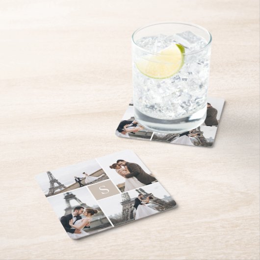 Beige Elegant 4 Foto Gallery und Monogramm Rechteckiger Pappuntersetzer (Vor Ort)