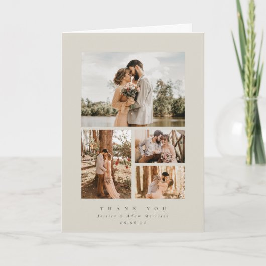 Beige Elegant Minimal 4 Foto Hochzeit Dankeskarte (Vorderseite)