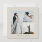 Beige Elegante Square Drei Foto Hochzeitswohnung Dankeskarte (Vorderseite)
