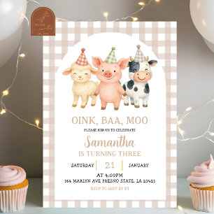Beige Elfenbein Farm Party Gingham Geburtstag Einladung