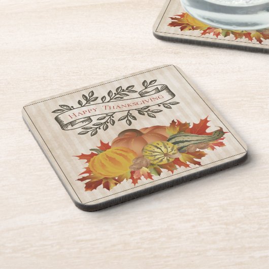 Beige Erntedank Pumpkins und Squash Getränkeuntersetzer (Linke Seite)