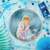 Beige Eule auf der Lila Blumenzweigung Magischer S Pappteller (Party)