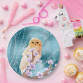 Beige Eule auf der Lila Blumenzweigung Magischer S Pappteller (Party)