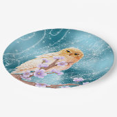 Beige Eule auf der Lila Blumenzweigung Magischer S Pappteller (Schrägansicht)