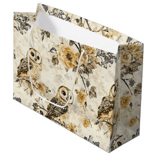 Beige Eulen Cottagecore Blumenmuster Große Geschenktüte