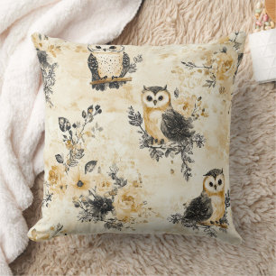 Beige Eulen Cottagecore Blumenmuster Kissen