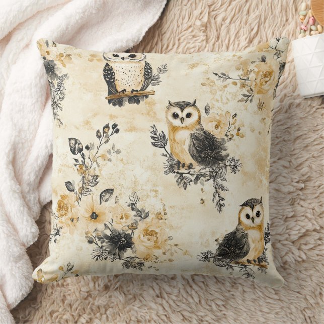 Beige Eulen Cottagecore Blumenmuster Kissen (Decke)