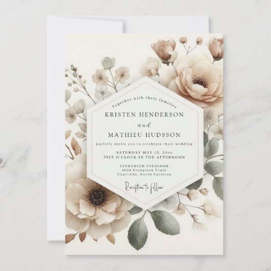 Beige Faded Bloom Wedding Einladung (Vorderseite)