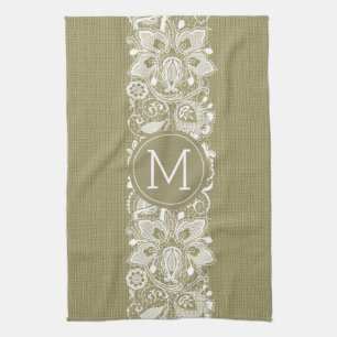 Beige Fauxleinwand & Weiße Blumen-Spitze Handtuch