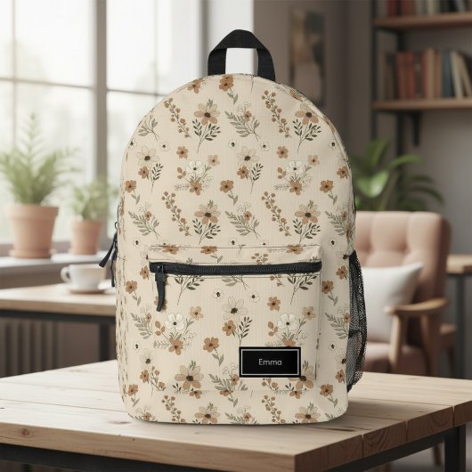 Beige Floral Backpack for Her, Customizable Bedruckter Rucksack