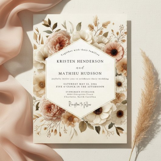 Beige Floral Bloom Wedding Einladung