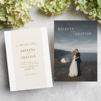Beige Floral Elegant Minimalist Photo Back Wedding Einladung