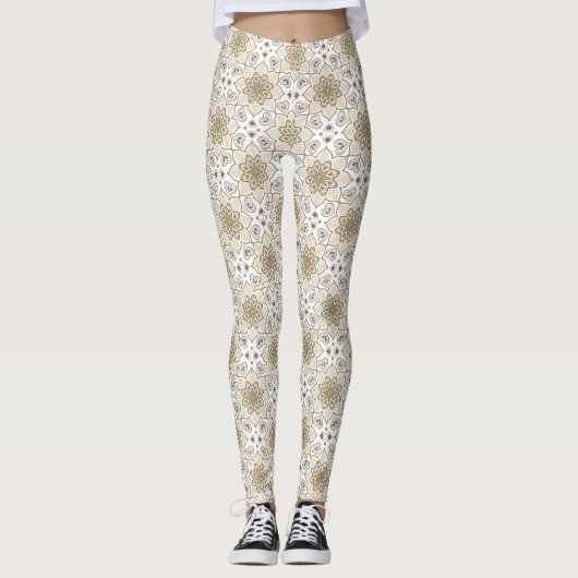 Beige Floral Mandala Circle Batik Muster Leggings (Vorderseite)