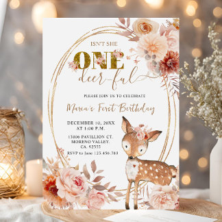 Beige Floral One Deer Ful Girl Erster Geburtstag Einladung