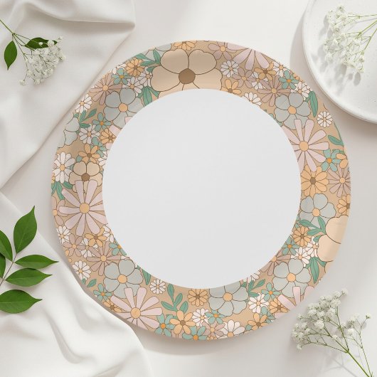 Beige floral paper plates, Neutral party supplies Pappteller