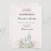 Beige Floral Spanish church Wedding Invitation Einladung (Vorne/Hinten)