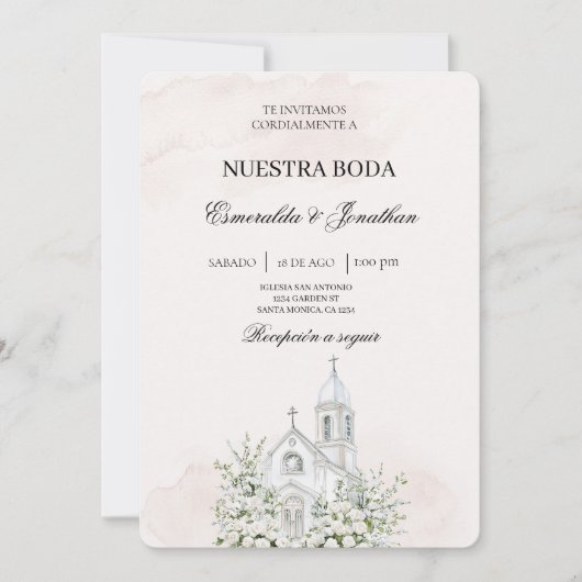 Beige Floral Spanish church Wedding Invitation Einladung (Vorderseite)