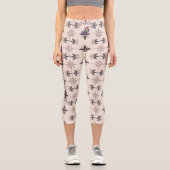 Beige Floral Star Patter: Benutzerdefinierter Text Capri Leggings (Vorderseite)