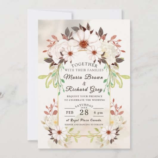 Beige Floral Wedding Invitation Einladung (Vorderseite)