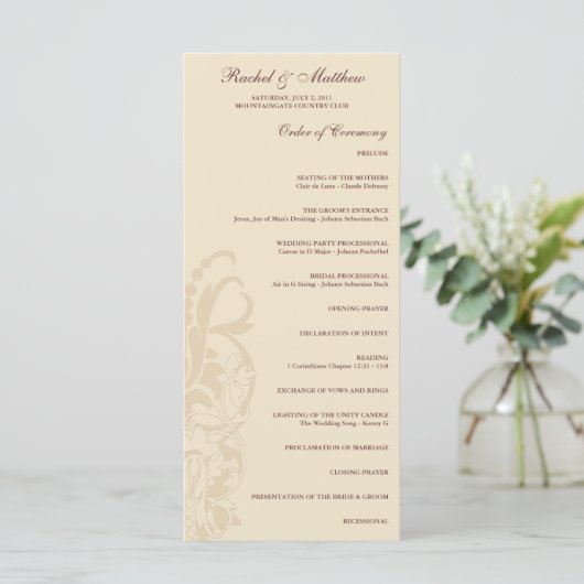 Beige Floral Wedding Program Programm (Stehend Vorderseite)