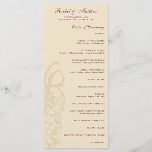 Beige Floral Wedding Program Programm (Vorderseite)