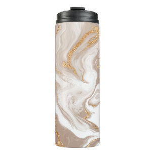 Beige flüssige Marmor, Goldlinienkunst. Thermosbecher