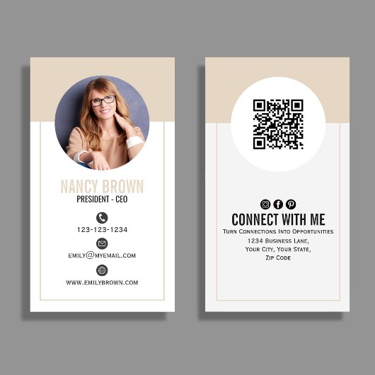 Beige Foto QR Code Verbinde dich mit mir Minimal Visitenkarte