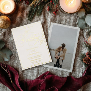 Beige Foto Schrift Rand Hochzeit Gold Folieneinladung