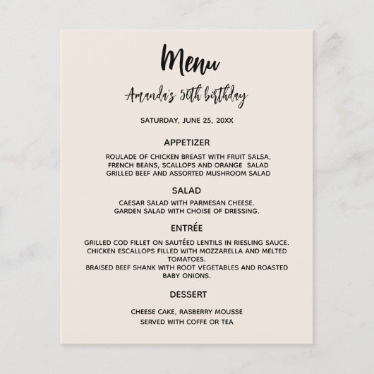 Beige Geburtstagsmenü (Vorderseite)