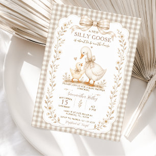 Beige Gingham Alberner Gänse Baby Shower Kleiner G Einladung