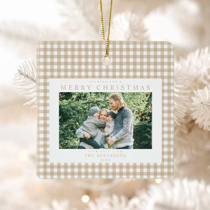 Beige Gingham Christmas Foto Keramikornament