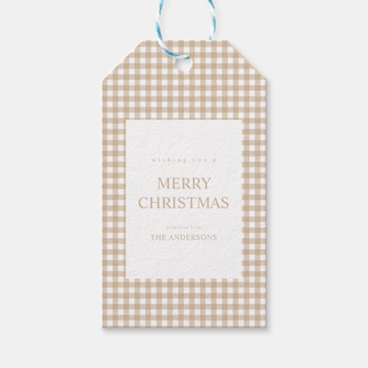 Beige Gingham Christmas Geschenkanhänger (Vorderseite)
