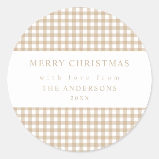 Beige Gingham Christmas Runder Aufkleber (Vorderseite)