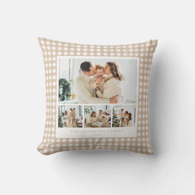 Beige Gingham Familienfoto-Collage Kissen (Vorderseite)