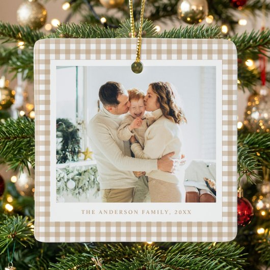 Beige Gingham Family Photo Keramikornament
