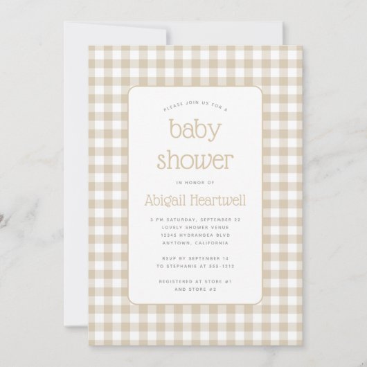 Beige Gingham Karo Baby Shower Einladung (Vorderseite)
