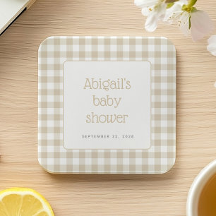 Beige Gingham Karo Neutrale Rustikale Babyparty Rechteckiger Pappuntersetzer