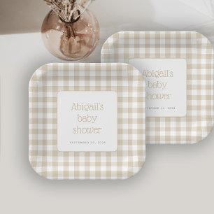 Beige Gingham Karo Rustic Baby Shower Pappteller