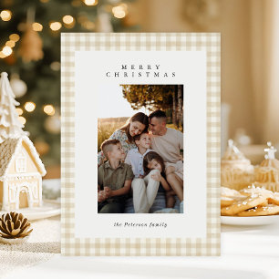 Beige Gingham Karo Weihnachtsfoto Feiertage Feiertagskarte