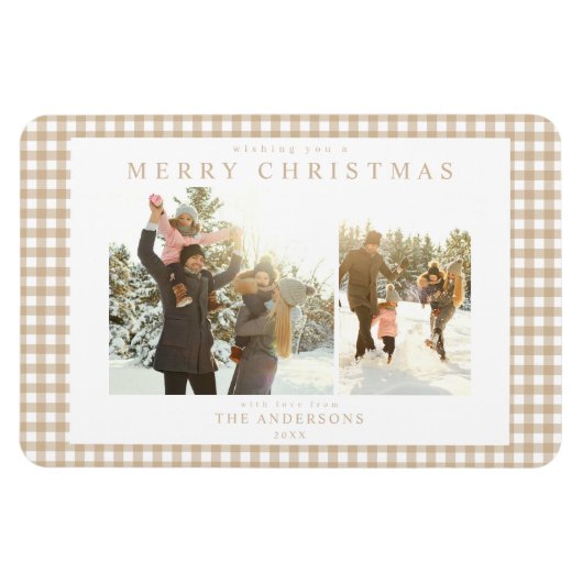 Beige Gingham Karo Zwei Foto Magnet (Horizontal)