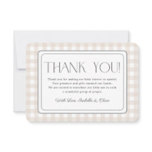 Beige Gingham Neutrale Babyparty Dankeskarte
