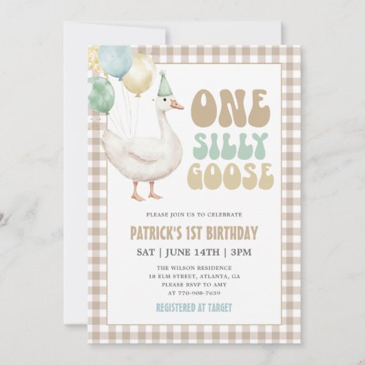 Beige Gingham One Silly Goose 1. Geburtstag Einladung (Vorderseite)