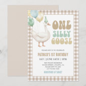Beige Gingham One Silly Goose 1. Geburtstag Einladung (Vorne/Hinten)